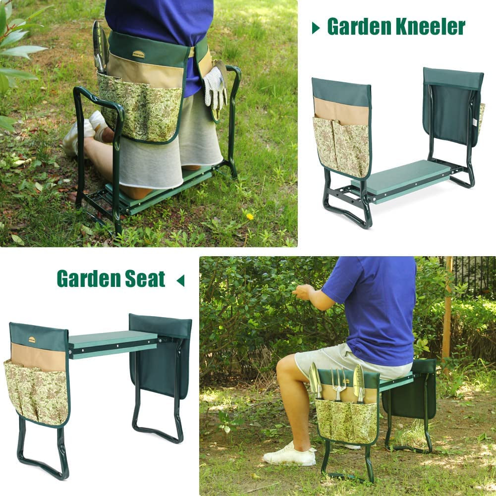 Garden Kneeler Stool Seat,Foldable Garden Bench with Tools Bag Pouch,Thicken & Widen Soft EVA Foam Pad Outdoor Portable Kneeler Stool with Garden Apron Bags.Honey