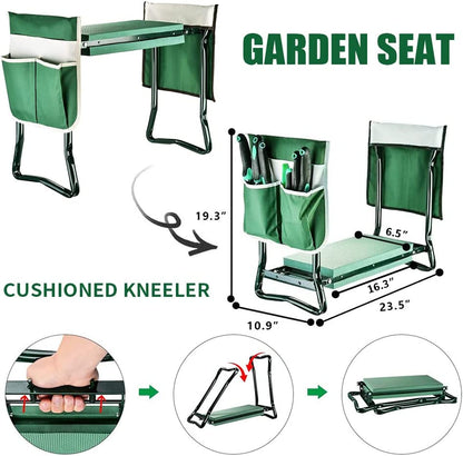 Garden Kneeler and Seat, Upgraded Folding Garden Bench Stool Portable Garden Kneeler Sturdy Gardening Tools with 2 Free Tool Pouch, Detachable Belt, a Pair of Garden Gloves,Eva Kneeling Pad
